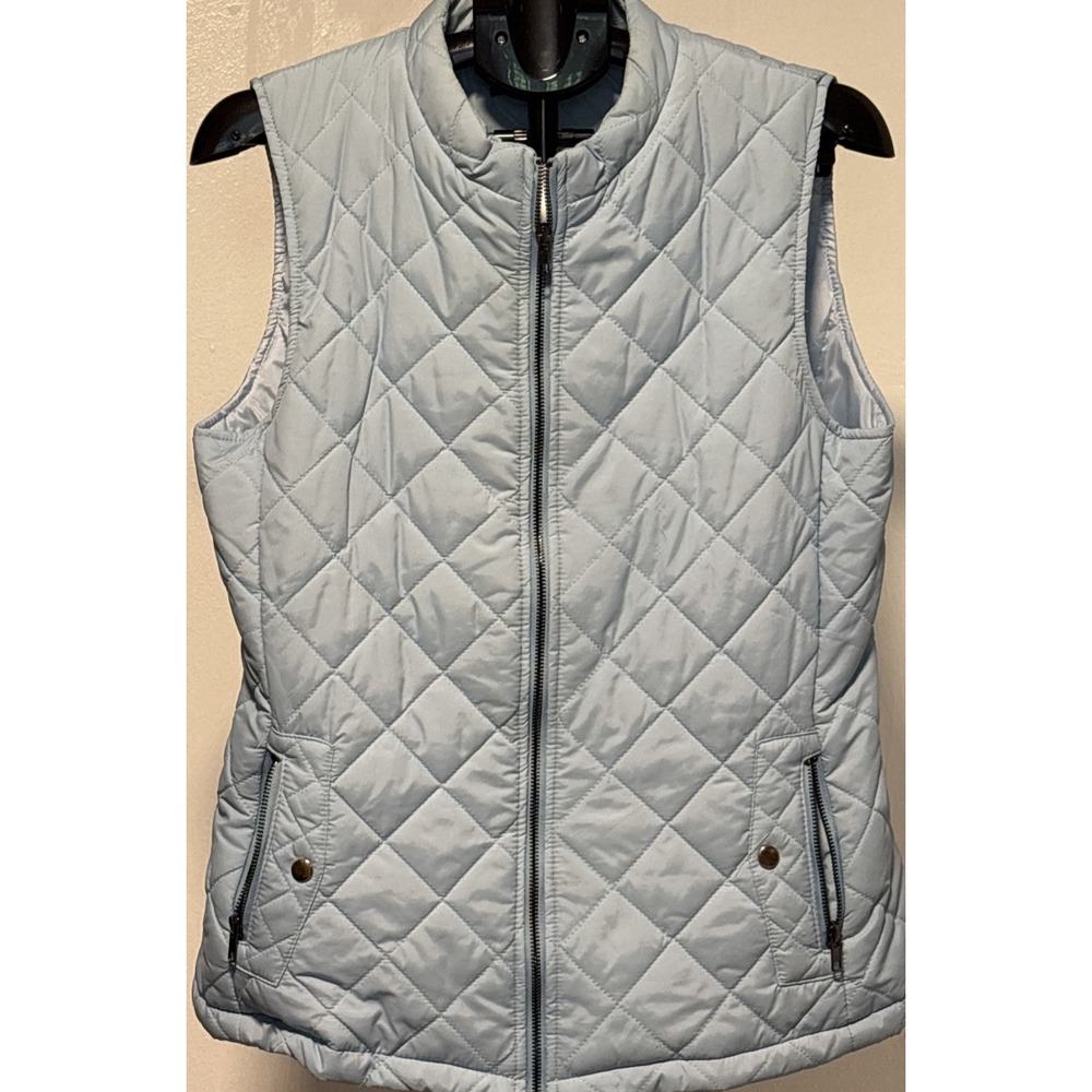 Allegra K Blue Quilted Zip Front Collared Women's Vest with Pockets Size L